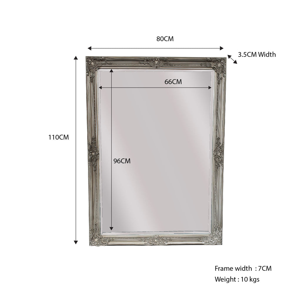 French Provincial Ornate Mirror - Antique Silver - Small 80cm x 110cm