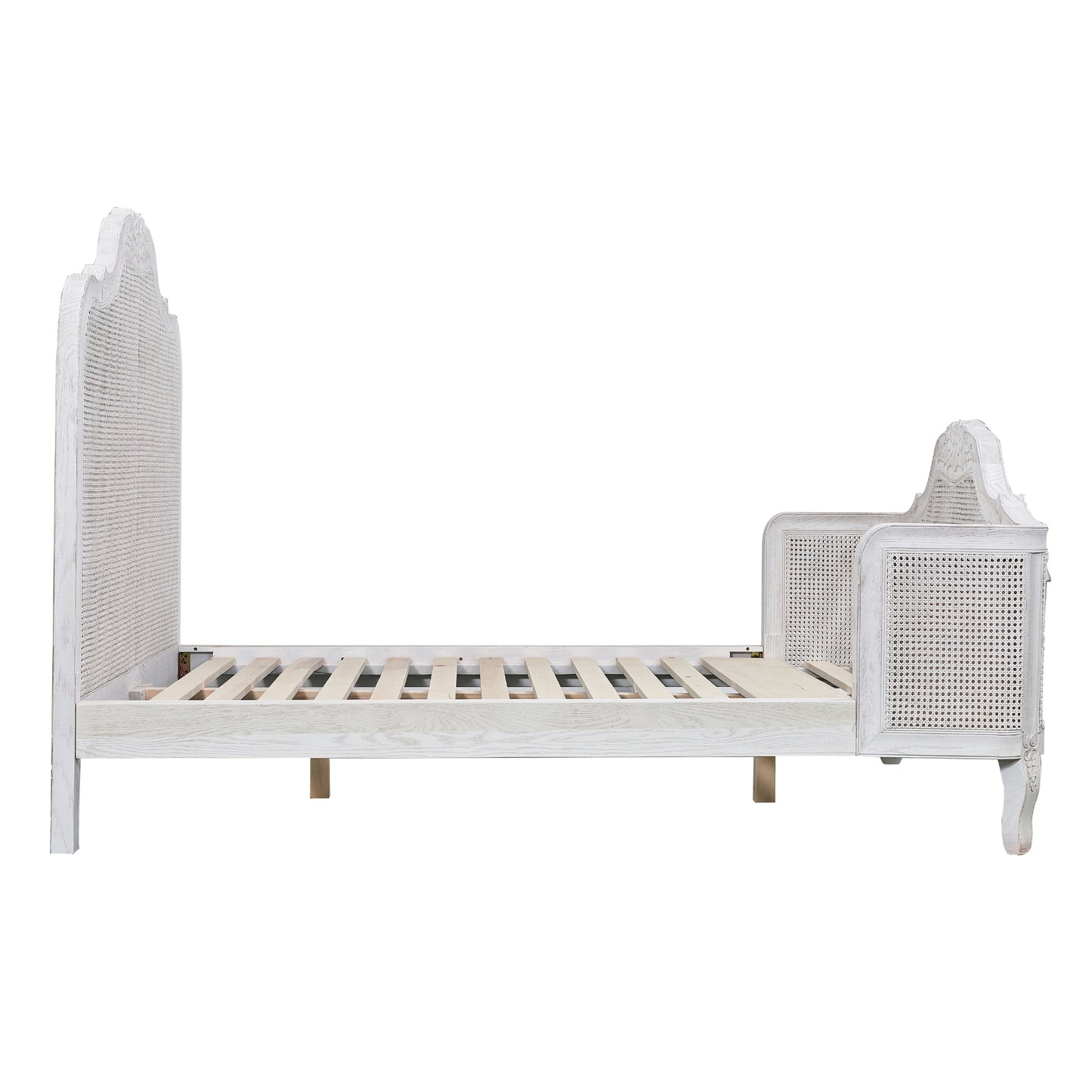 Alice King Size Bed Frame Rattan Timber Wood Mattress Base Distressed White